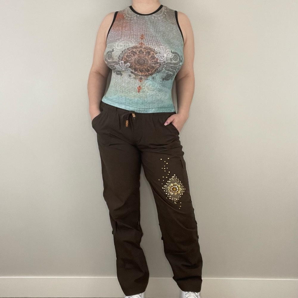 BIG FLIRT Vintage Y2K Brown Sequin Studs Mid Rise Casual Adjustable Cargo Pants